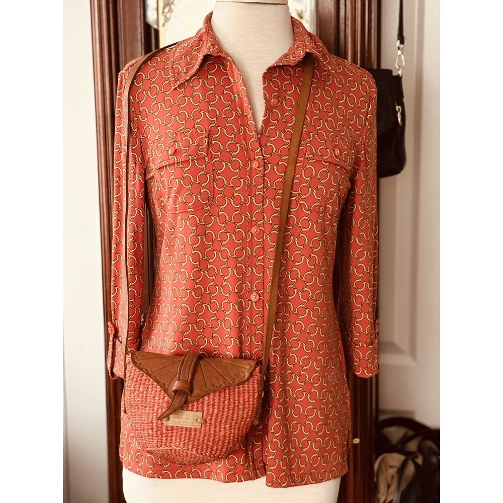 Vintage Charter Club Woman Coral Chain Link Print Blouse Size M